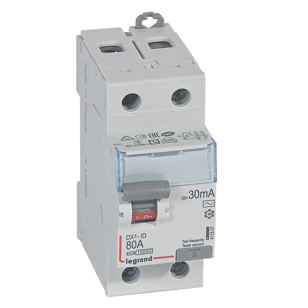 INTERRUPTOR DIFERENCIAL 2P 80A 230VAC 30MA TIPO AC DX3 ID 411507