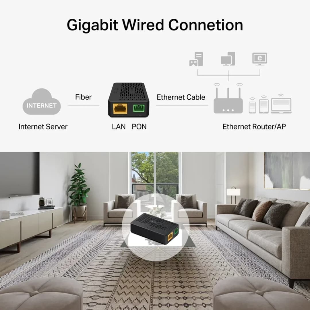 MF01G Terminal MERCUSYS XPON (GPON/EPON), 1 puerto PON SC/APC + 1 puerto LAN Gigabit (10/100/1000), hasta 2.5Gbps, modo bridge, IPv4/IPv6, gestión OMCI.