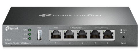 ER605 Gateway Omada, 1 WAN, 2 WAN/LAN, 2 LAN Gb, USB 4G, VPN IPSec/OpenVPN/WireGuard, balanceo WAN, firewall avanzado, SDN cloud.