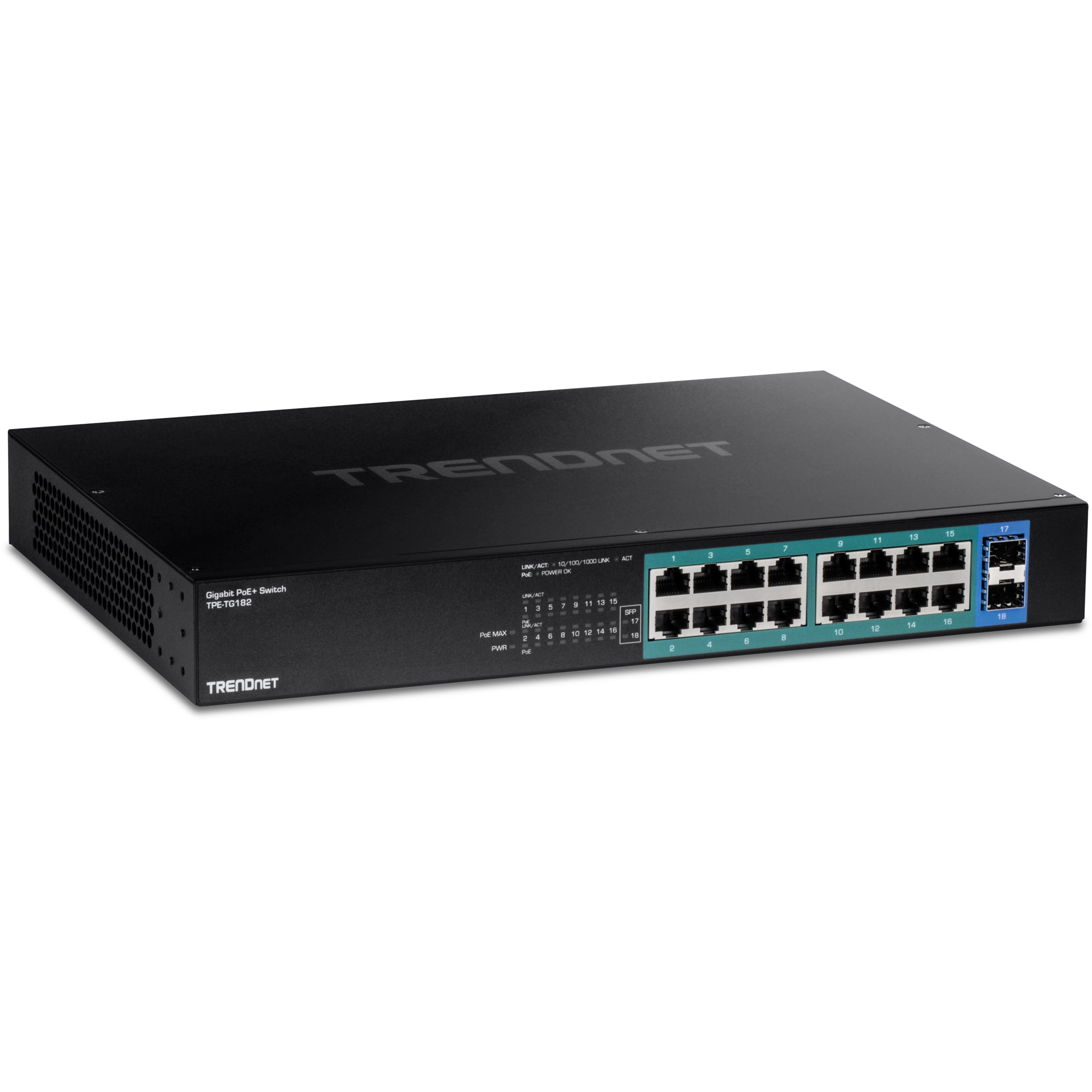 Switch de red TRENDnet de 16 puertos PoE+ Gigabit y 2 SFP
