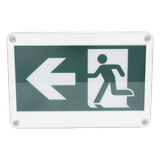 Letrero EXTERIOR de Señalización salida "Hombre Corriendo"/ Alto brillo / Uso en pared, lateral o techo / Batería de Respaldo Incluida con hasta 120 minutos de duración